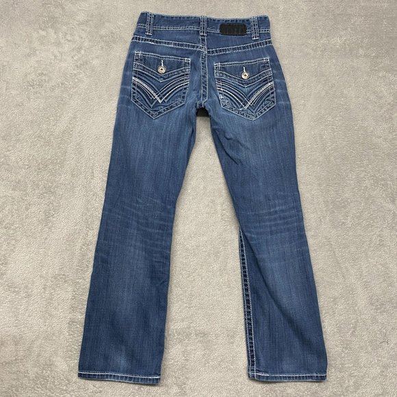 Buckle Black Jeans Mens 29 Blue 7 Fit Western Thick Stitch Flap Pockets Distress - Picture 9 of 14